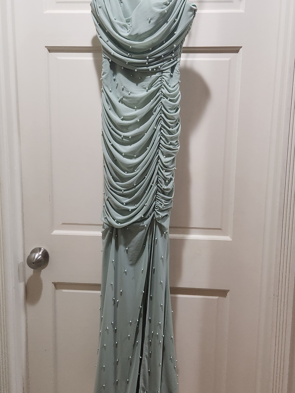 Elegant Light Sage Ruched Pearl-Embellished Formal Dress